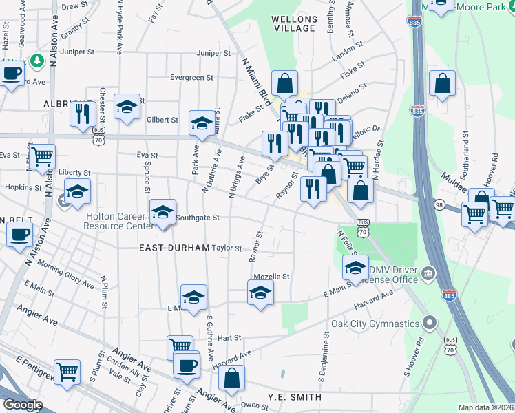 map of restaurants, bars, coffee shops, grocery stores, and more near 1710 Liberty Street in Durham