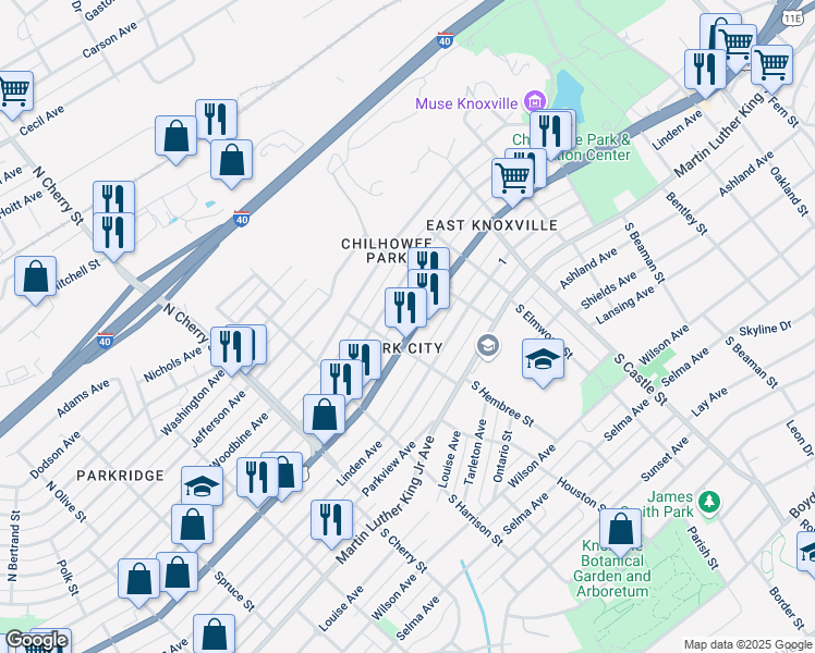 map of restaurants, bars, coffee shops, grocery stores, and more near 2809 East Magnolia Avenue in Knoxville