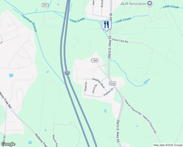 map of restaurants, bars, coffee shops, grocery stores, and more near 185 Scottie Lane in Winston-Salem
