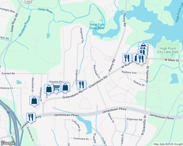 map of restaurants, bars, coffee shops, grocery stores, and more near 1021 Manor Drive in High Point
