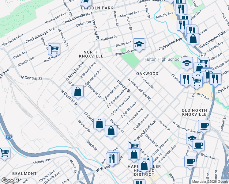 map of restaurants, bars, coffee shops, grocery stores, and more near 402 Oglewood Avenue in Knoxville