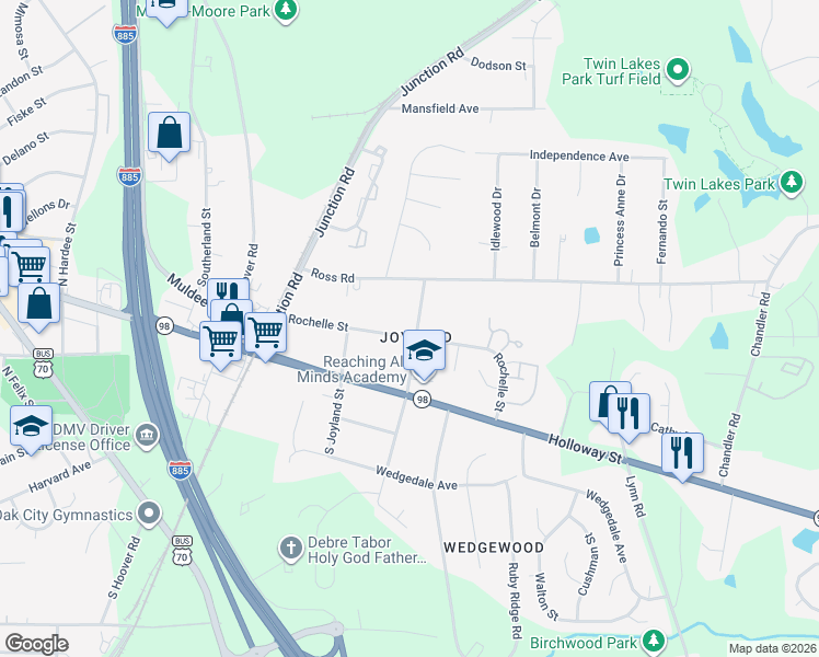 map of restaurants, bars, coffee shops, grocery stores, and more near 203 North Adams Street in Durham