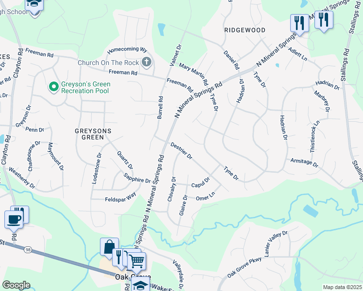 map of restaurants, bars, coffee shops, grocery stores, and more near 3807 Destrier Drive in Durham