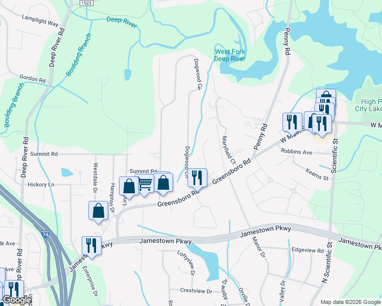 map of restaurants, bars, coffee shops, grocery stores, and more near 841 Dogwood Circle in High Point