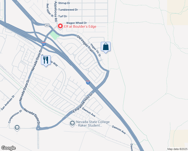 map of restaurants, bars, coffee shops, grocery stores, and more near 2577 Land Rush Drive in Henderson