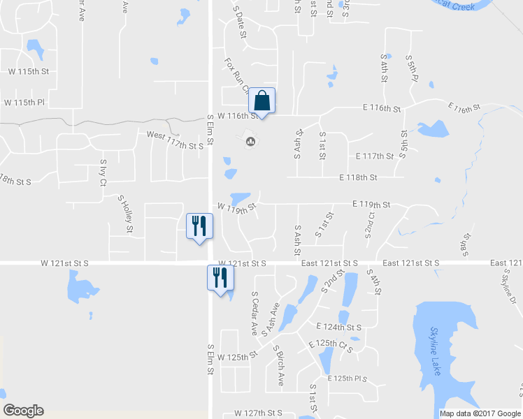 map of restaurants, bars, coffee shops, grocery stores, and more near 11905 South Cedar Court in Jenks