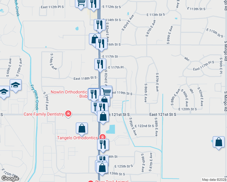 map of restaurants, bars, coffee shops, grocery stores, and more near 1842 East 119th Street South in Bixby