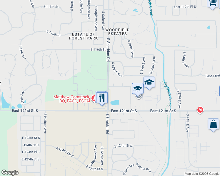 map of restaurants, bars, coffee shops, grocery stores, and more near 6512 East 119th Street in Bixby