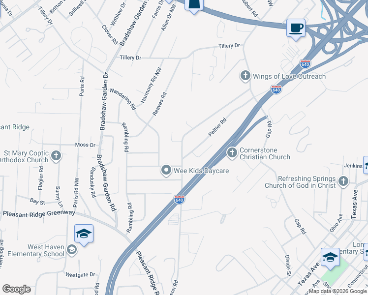 map of restaurants, bars, coffee shops, grocery stores, and more near 1722 Wilson Road in Knoxville