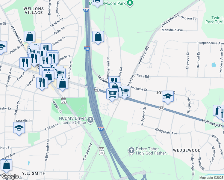 map of restaurants, bars, coffee shops, grocery stores, and more near 2313 Holloway Street in Durham