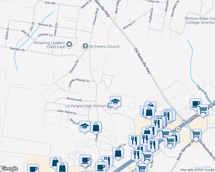 map of restaurants, bars, coffee shops, grocery stores, and more near 2109 Academy Way in La Vergne