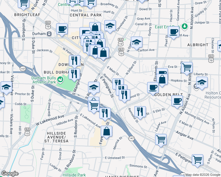 map of restaurants, bars, coffee shops, grocery stores, and more near 310 South Dillard Street in Durham