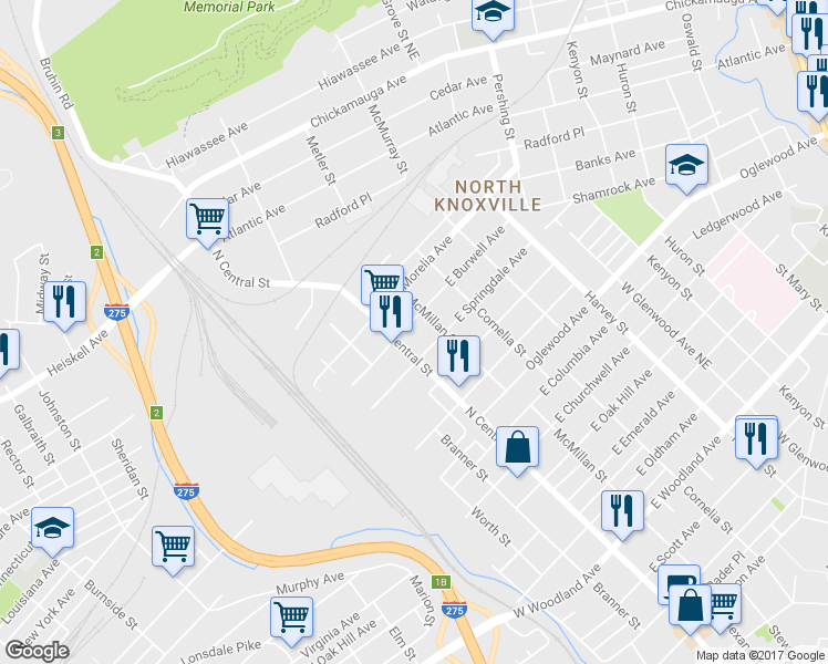 map of restaurants, bars, coffee shops, grocery stores, and more near 116 East Burwell Avenue in Knoxville