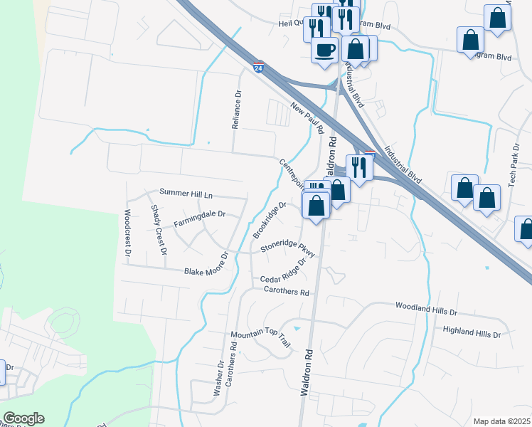 map of restaurants, bars, coffee shops, grocery stores, and more near 136 Brookridge Drive in La Vergne
