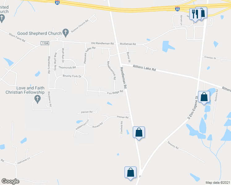map of restaurants, bars, coffee shops, grocery stores, and more near 726 Fox Ridge Road in Greensboro