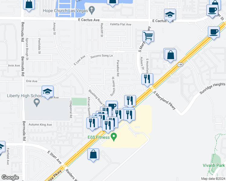 map of restaurants, bars, coffee shops, grocery stores, and more near 10939 Paradise Road in Henderson