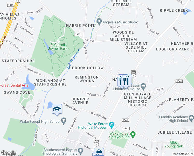 map of restaurants, bars, coffee shops, grocery stores, and more near 353 West Oak Avenue in Wake Forest