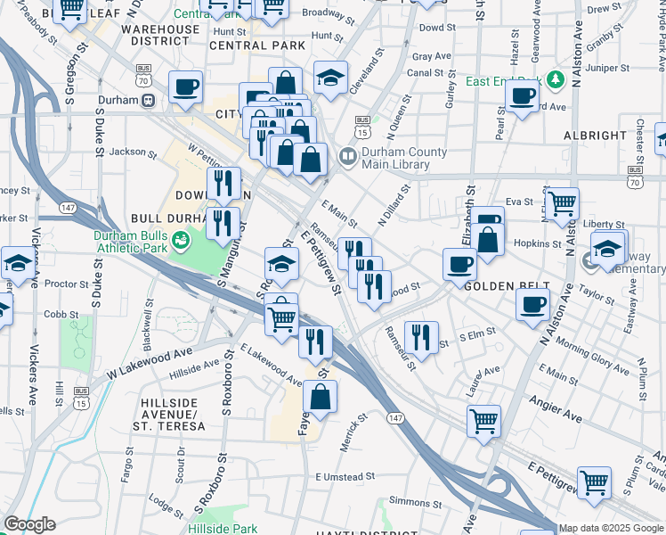 map of restaurants, bars, coffee shops, grocery stores, and more near 310 South Dillard Street in Durham