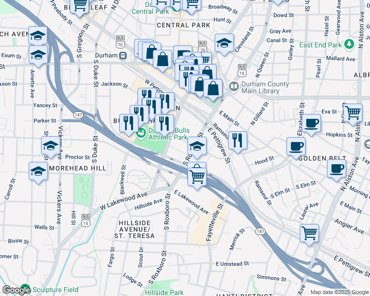 map of restaurants, bars, coffee shops, grocery stores, and more near 515 South Mangum Street in Durham