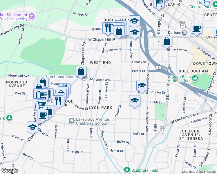 map of restaurants, bars, coffee shops, grocery stores, and more near 1013 Fairview Street in Durham