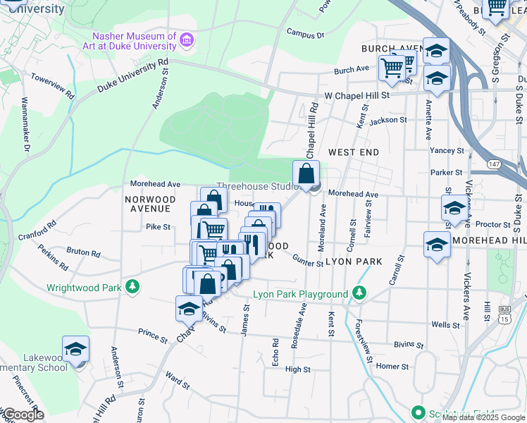 map of restaurants, bars, coffee shops, grocery stores, and more near 1720 Chapel Hill Road in Durham