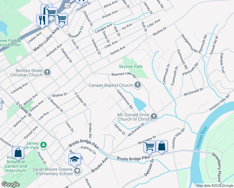 map of restaurants, bars, coffee shops, grocery stores, and more near 1021 Yellowstone Road in Knoxville
