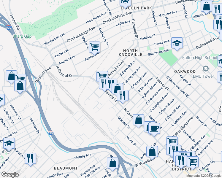 map of restaurants, bars, coffee shops, grocery stores, and more near 116 East Burwell Avenue in Knoxville