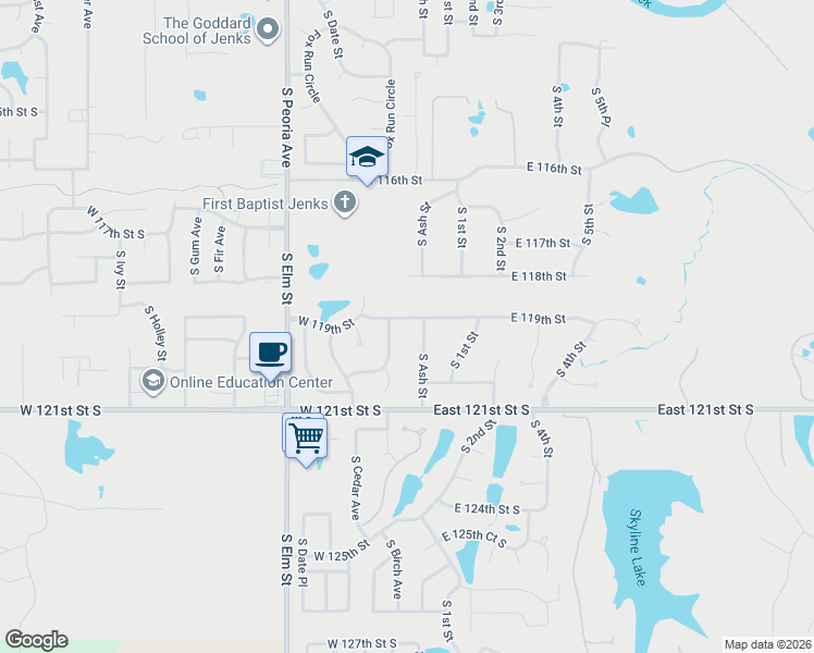 map of restaurants, bars, coffee shops, grocery stores, and more near 11901 South Birch Avenue in Jenks