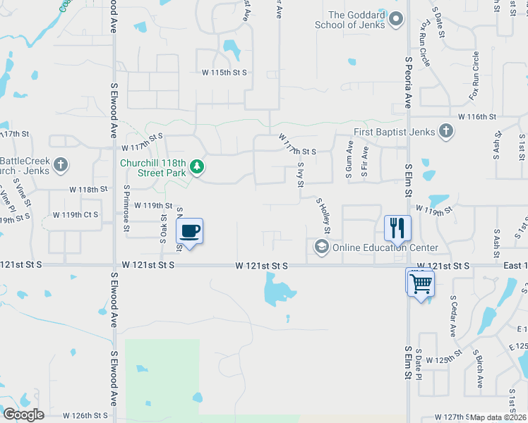 map of restaurants, bars, coffee shops, grocery stores, and more near 11906 South Juniper Court in Jenks