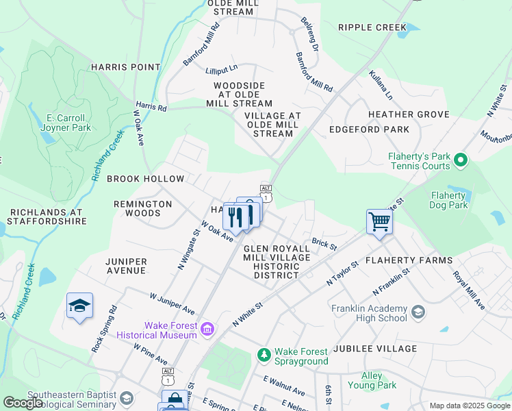 map of restaurants, bars, coffee shops, grocery stores, and more near 817 North Main Street in Wake Forest
