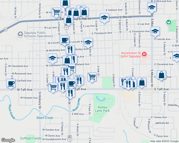 map of restaurants, bars, coffee shops, grocery stores, and more near 623 South Elm Street in Sapulpa