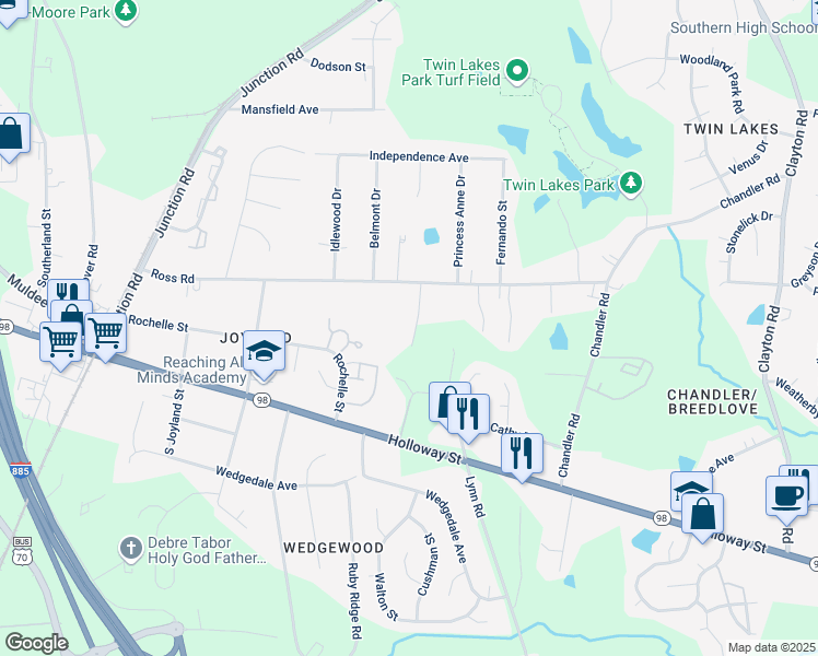 map of restaurants, bars, coffee shops, grocery stores, and more near 10 Charlestown Road in Durham