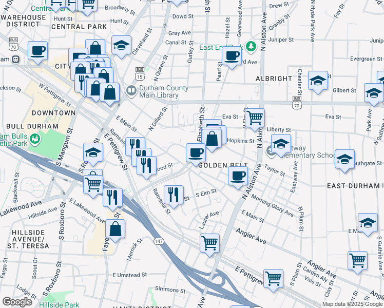 map of restaurants, bars, coffee shops, grocery stores, and more near 13 North Elizabeth Street in Durham