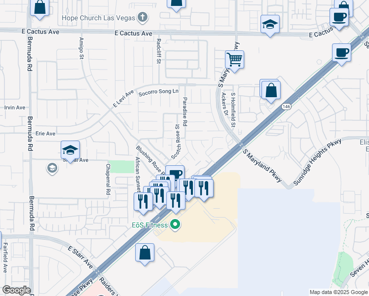 map of restaurants, bars, coffee shops, grocery stores, and more near 10939 Paradise Road in Henderson