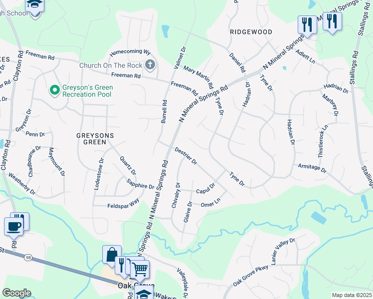 map of restaurants, bars, coffee shops, grocery stores, and more near 3807 Destrier Drive in Durham