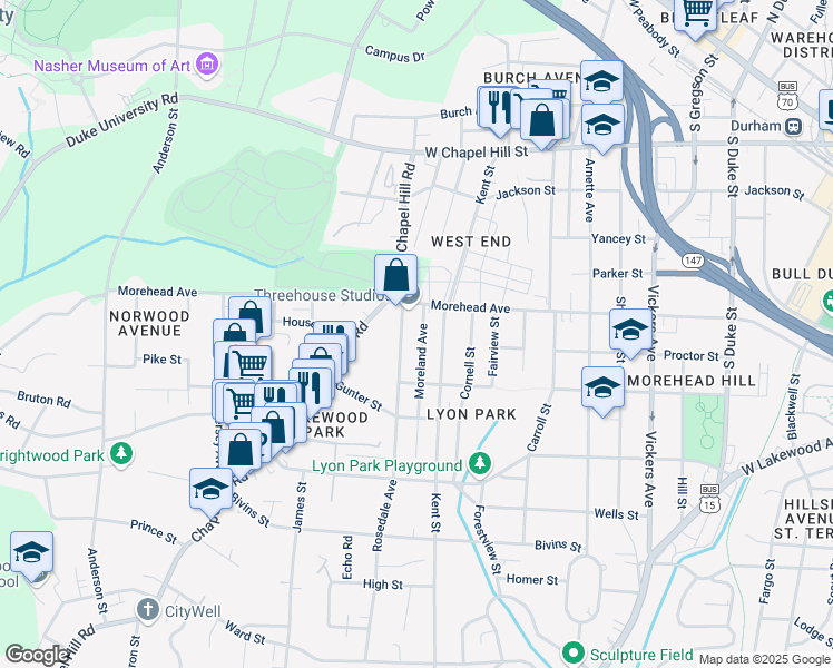 map of restaurants, bars, coffee shops, grocery stores, and more near 1012 Moreland Ave in Durham