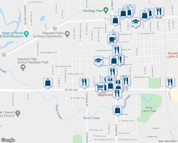 map of restaurants, bars, coffee shops, grocery stores, and more near 611 S Hickory St in Sapulpa
