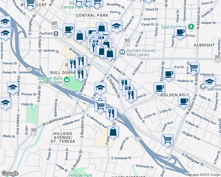 map of restaurants, bars, coffee shops, grocery stores, and more near 382 East Pettigrew Street in Durham