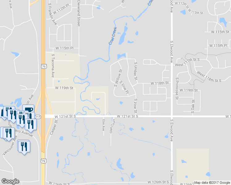 map of restaurants, bars, coffee shops, grocery stores, and more near 11805 South Willow Street in Jenks