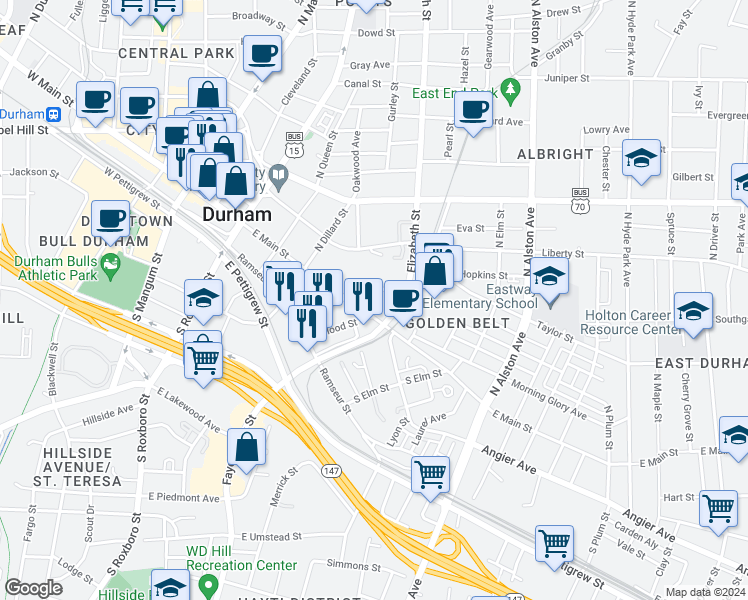 map of restaurants, bars, coffee shops, grocery stores, and more near 601 East Main Street in Durham