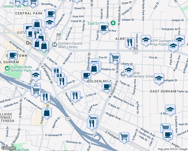 map of restaurants, bars, coffee shops, grocery stores, and more near 800 Taylor Street in Durham