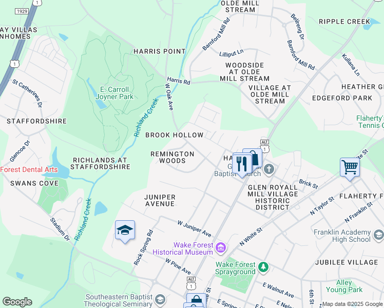 map of restaurants, bars, coffee shops, grocery stores, and more near 353 West Oak Avenue in Wake Forest