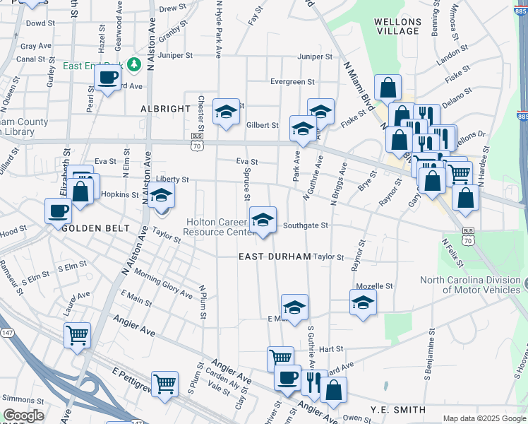 map of restaurants, bars, coffee shops, grocery stores, and more near 509 North Driver Street in Durham