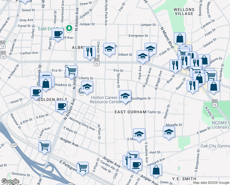 map of restaurants, bars, coffee shops, grocery stores, and more near 510 North Maple Street in Durham