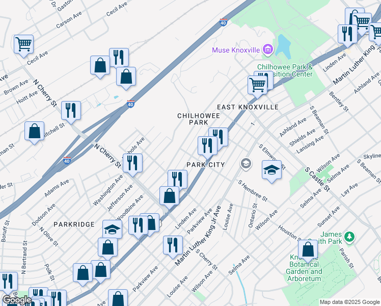 map of restaurants, bars, coffee shops, grocery stores, and more near 2801 East 5th Avenue in Knoxville