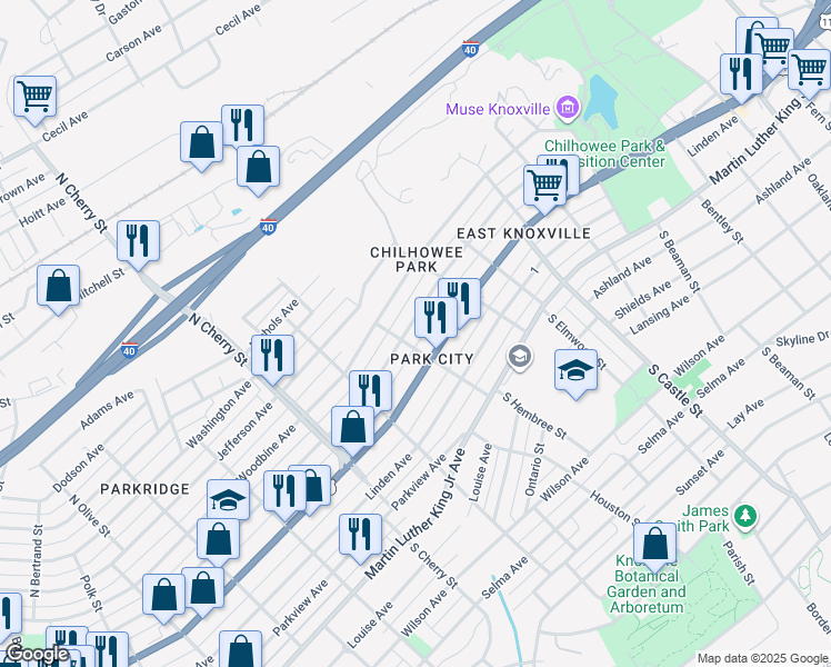 map of restaurants, bars, coffee shops, grocery stores, and more near 2801 East 5th Avenue in Knoxville