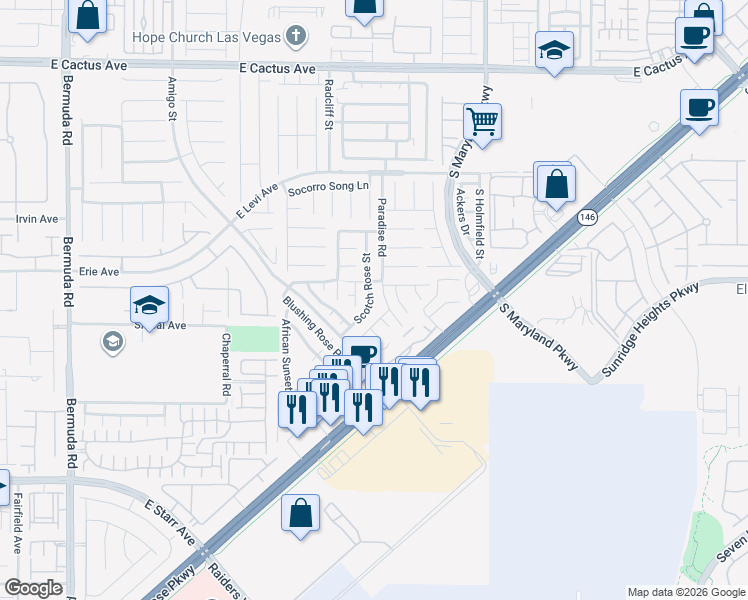 map of restaurants, bars, coffee shops, grocery stores, and more near 10939 Paradise Road in Henderson