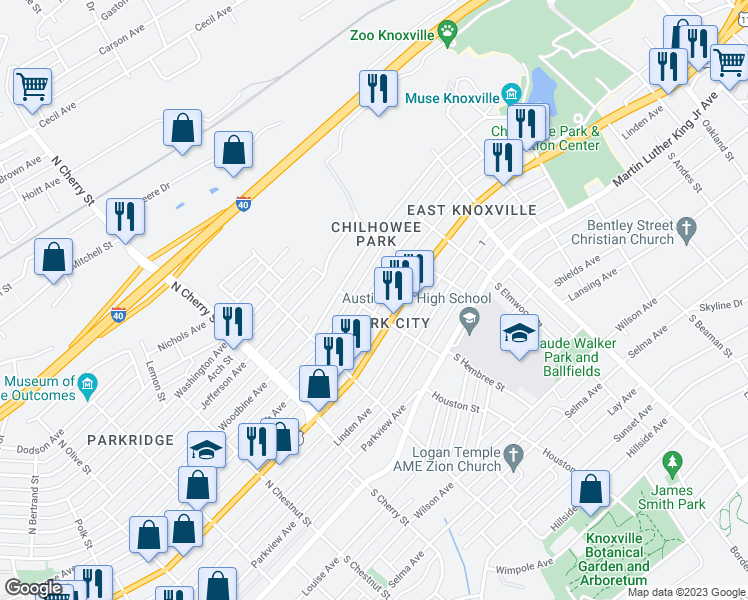 map of restaurants, bars, coffee shops, grocery stores, and more near 2806 East 5th Avenue in Knoxville