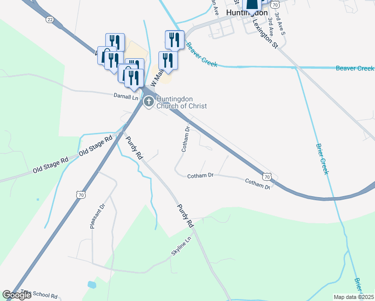 map of restaurants, bars, coffee shops, grocery stores, and more near 157 Cotham Drive in Huntingdon