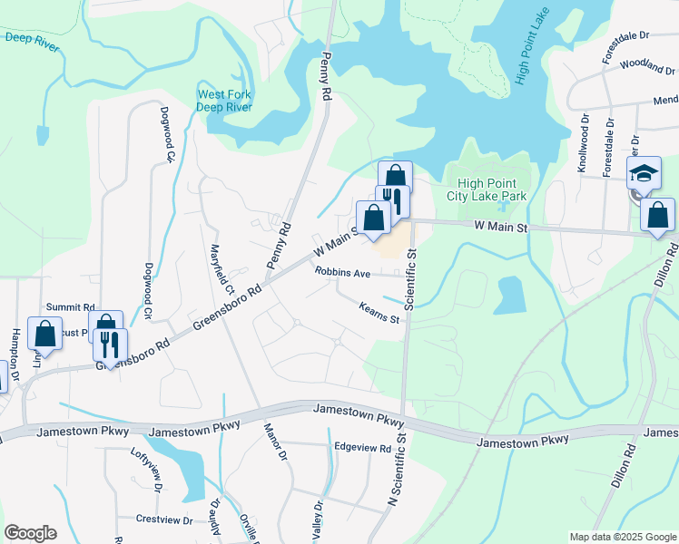 map of restaurants, bars, coffee shops, grocery stores, and more near 198 Robbins Avenue in Jamestown